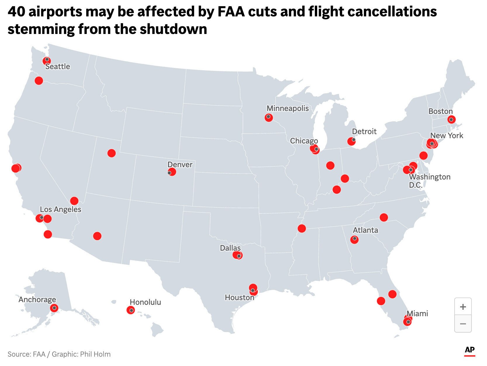 caption: The map above shows the 40 airports that may be affected by the FAA cuts and flight cancellations caused by the ongoing government shutdown.