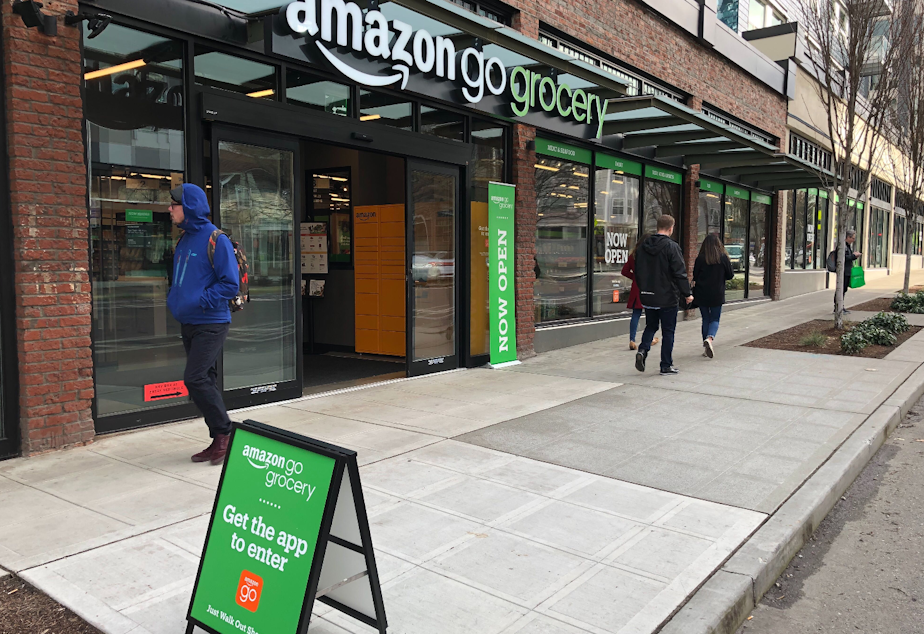 caption: Amazon Go Grocery is Amazon's grab-and-go food store with no cashiers. 