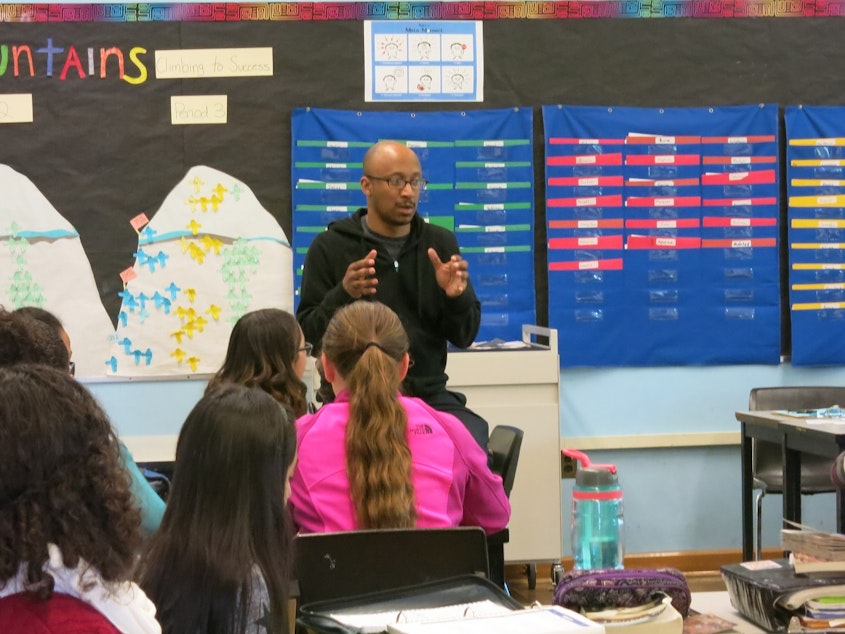 caption: Mr. Drego Little teaches a class at Rainier Scholars