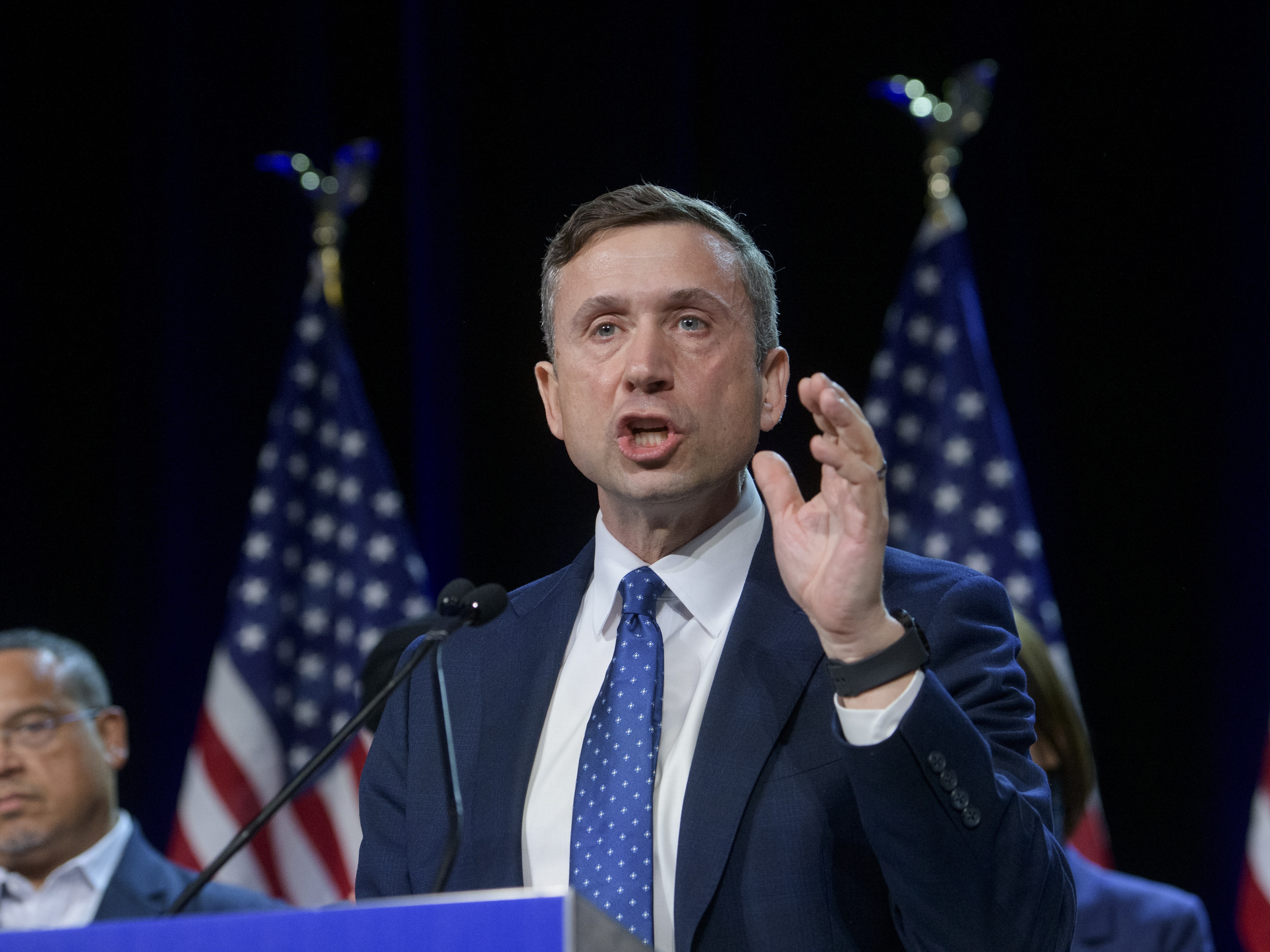 caption: Newly elected Democratic National Committee Chair Ken Martin speaks after winning the vote at the DNC Winter Meeting at the Gaylord National Resort and Convention Center in National Harbor, Md., on Saturday.