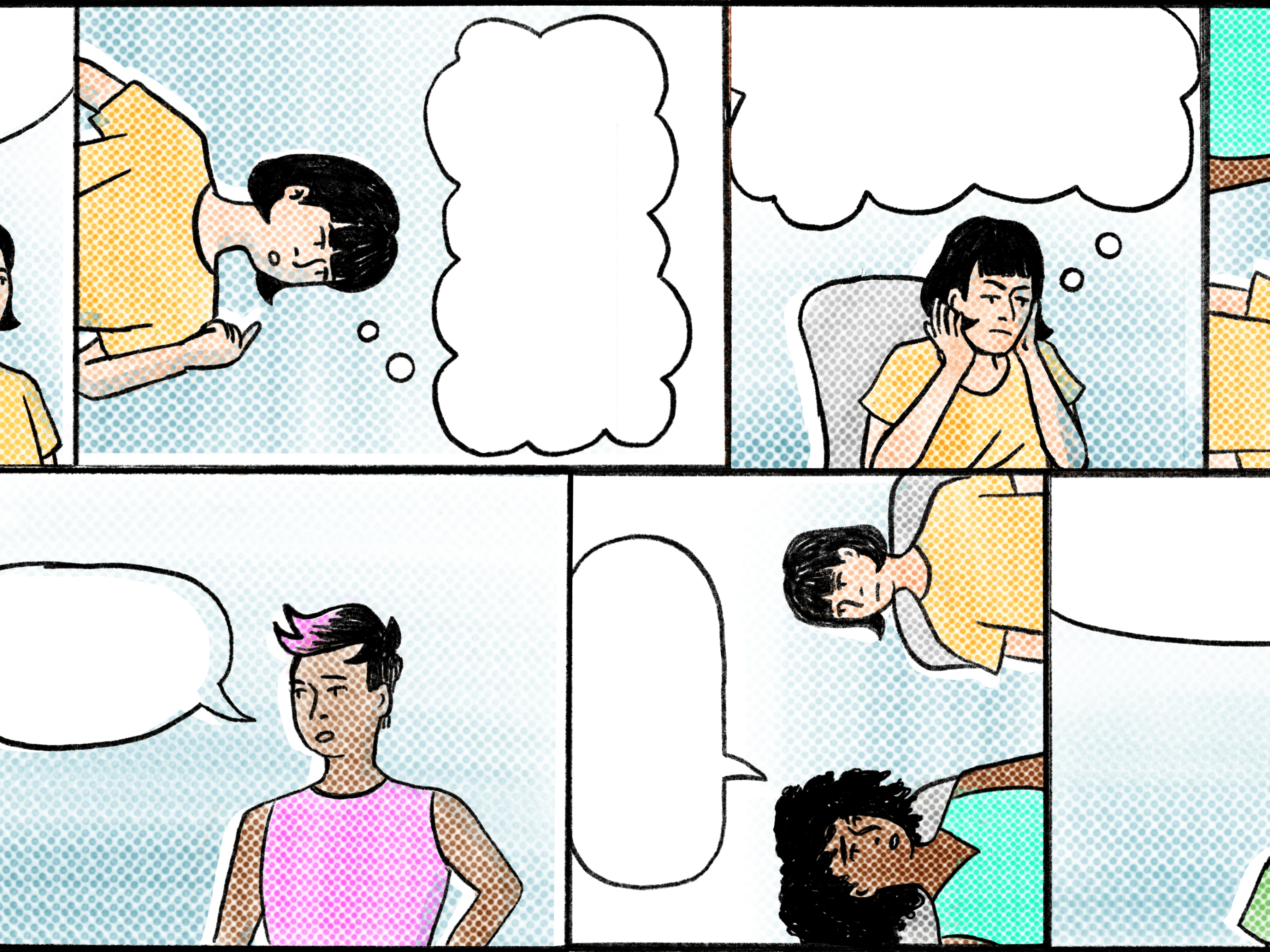 Comic panels of different interactions between people in an office setting