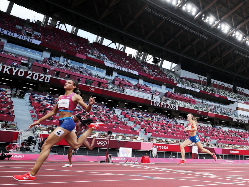 caption: Sydney McLaughlin of Team United States competes in the Women's 400m Hurdles Final on day twelve of the Tokyo 2020 Olympic Games at Olympic Stadium on August 04, 2021 in Tokyo.