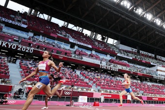 caption: Sydney McLaughlin of Team United States competes in the Women's 400m Hurdles Final on day twelve of the Tokyo 2020 Olympic Games at Olympic Stadium on August 04, 2021 in Tokyo.