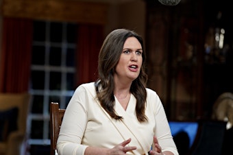 caption: Arkansas Gov. Sarah Huckabee Sanders delivers the Republican response to President Biden's State of the Union address on Feb. 7 in Little Rock, Ark. Sanders signed a law this week making it easier to employ kids under 16.