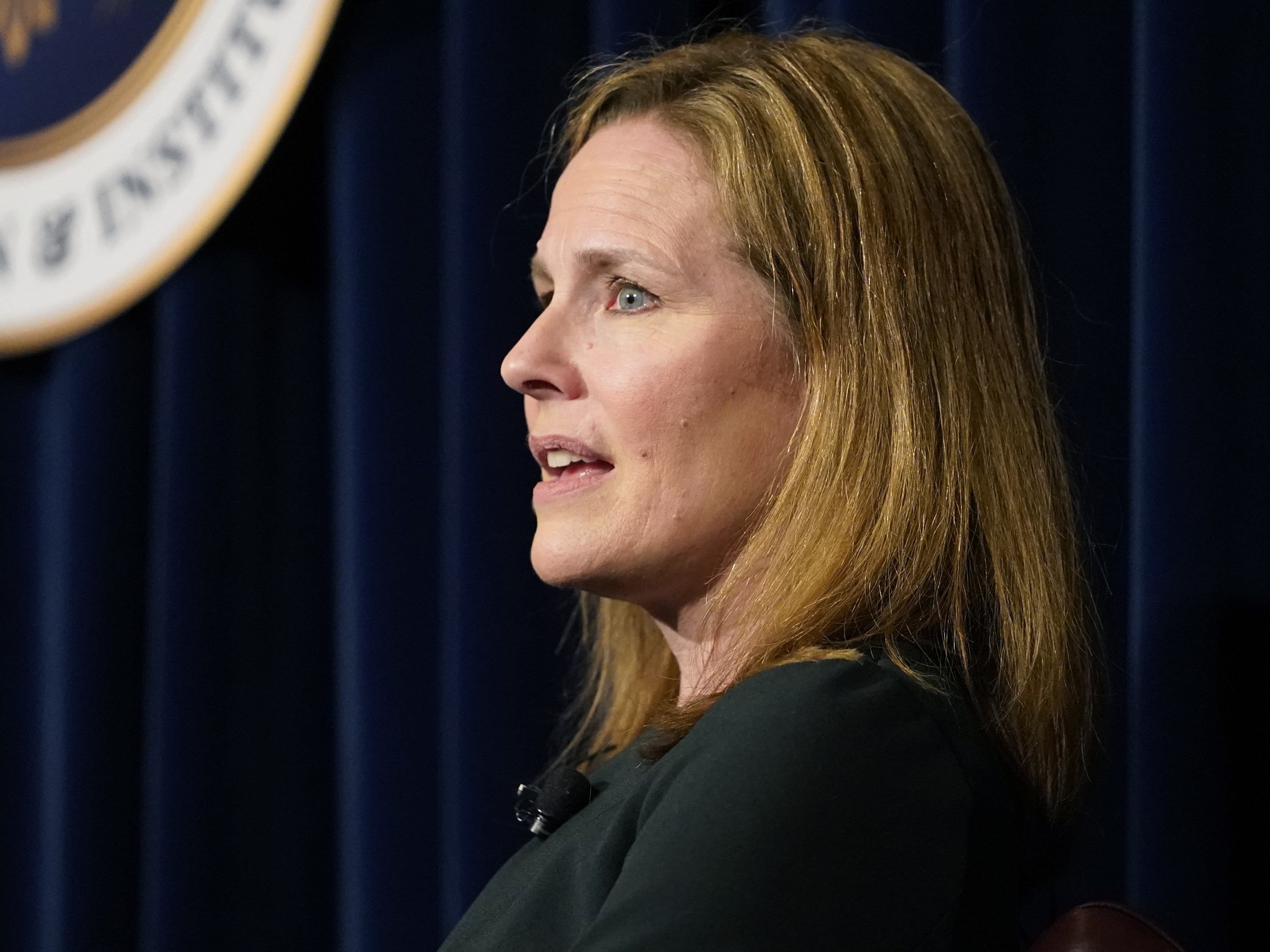 caption: U.S. Supreme Court Associate Justice Amy Coney Barrett speaks at the Ronald Reagan Presidential Library Foundation in Simi Valley, Calif., on April 4, 2022.