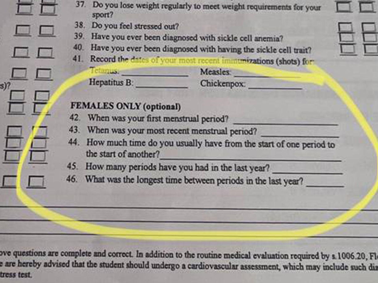 caption: The part of the form that deals with menstrual cycles and had been optional. The Florida High School Athletic Association's board of directors voted to remove the questions about high school athletes' menstrual history.