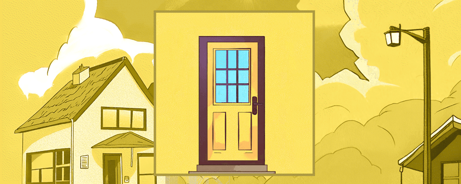 caption: Animation of a yellow door with shattered glass, against a yellow backdrop of a residential street. Reference illustrations courtesy of Canva.