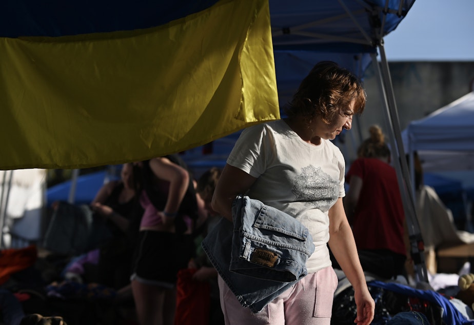 caption: A makeshift shelter for Ukrainians in Tijuana, Mexico. Thousands who fled the war have been arriving here and waiting to be admitted by border agents into the United States.