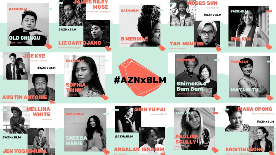 caption: #AZNxBLM is Kristin Leong's multimedia project fueled by artists of color from across the U.S.. The project calls for solidarity between AAPI communities and the BLM movement. Learn more and explore the 14 original works created for #AZNxBLM at RockPaperRadio.com. 
