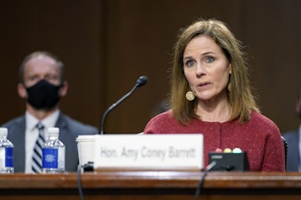 caption: Supreme Court nominee Amy Coney Barrett speaks during a confirmation hearing before the Senate Judiciary Committee on Tuesday.
