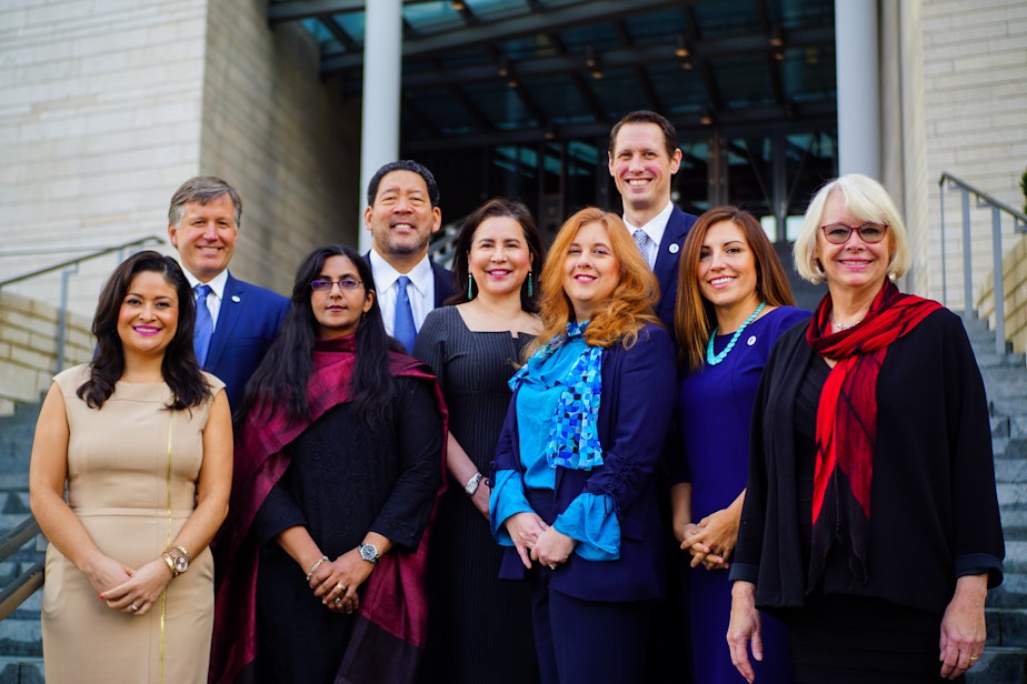 caption: Seattle's 2018-19 City Council includes two council members who represent the entire city, and seven who represent a specific district.