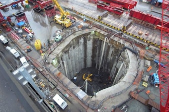 caption: The hole built to rescue Bertha, the deep boring machine.