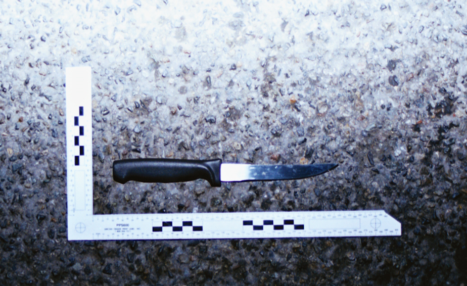 caption: One of the knives retrieved at the scene where Herbert Hightower was killed on September 8, 2004, in north Seattle.