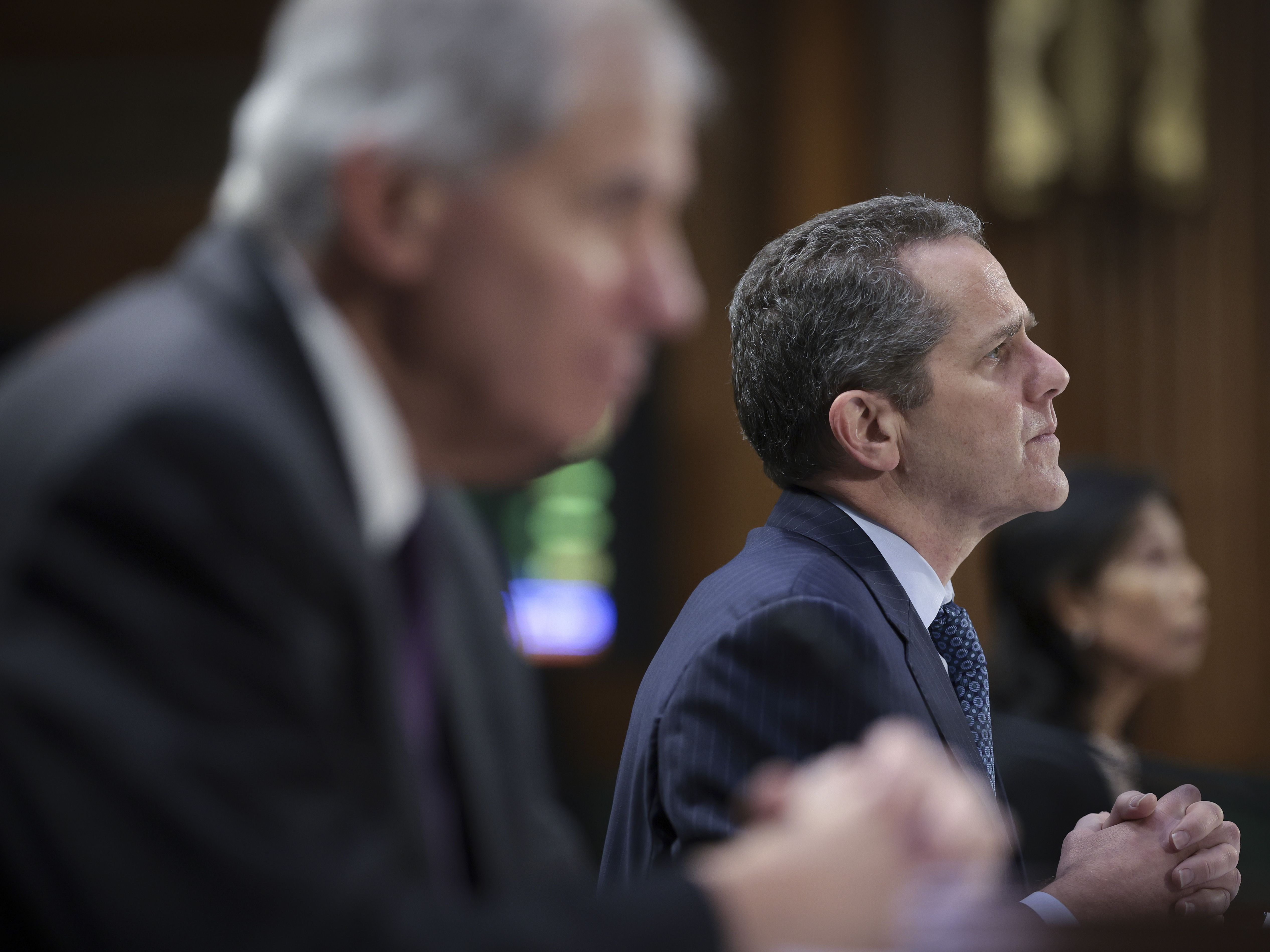 caption: Federal Reserve Vice Chair for Supervision Michael S. Barr appears before the Senate Banking, Housing and Urban Affairs Committee in Washington, D.C., on March 28, 2023. The collapse of Silicon Valley Bank has sparked scrutiny from lawmakers who want to know what went wrong and whether regulators did enough to oversee the lender.