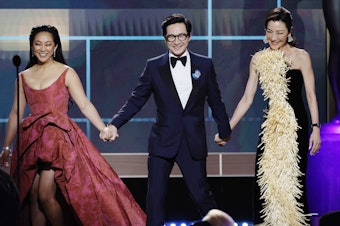 caption: Stephanie Hsu, Ke Huy Quan and Michelle Yeoh appear onstage during the 29th Annual Screen Actors Guild Awards on Feb. 26, 2023 in Los Angeles, Calif.