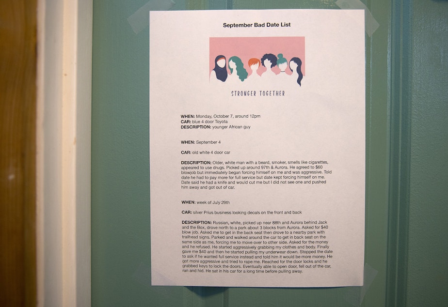 caption: A bad date list is taped to the bathroom door on Thursday, October 10, 2019, at the Aurora Commons in Seattle. The list is an informal list of reports from women who work in prostitution about violent men. 