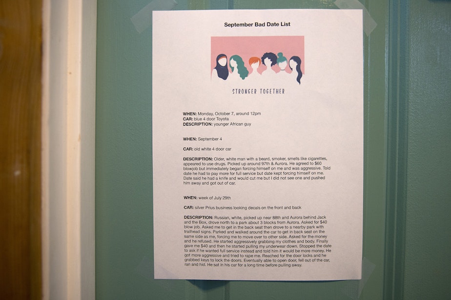 caption: A bad date list is taped to the bathroom door on Thursday, October 10, 2019, at the Aurora Commons in Seattle. The list is an informal list of reports from women who work in prostitution about violent men. 