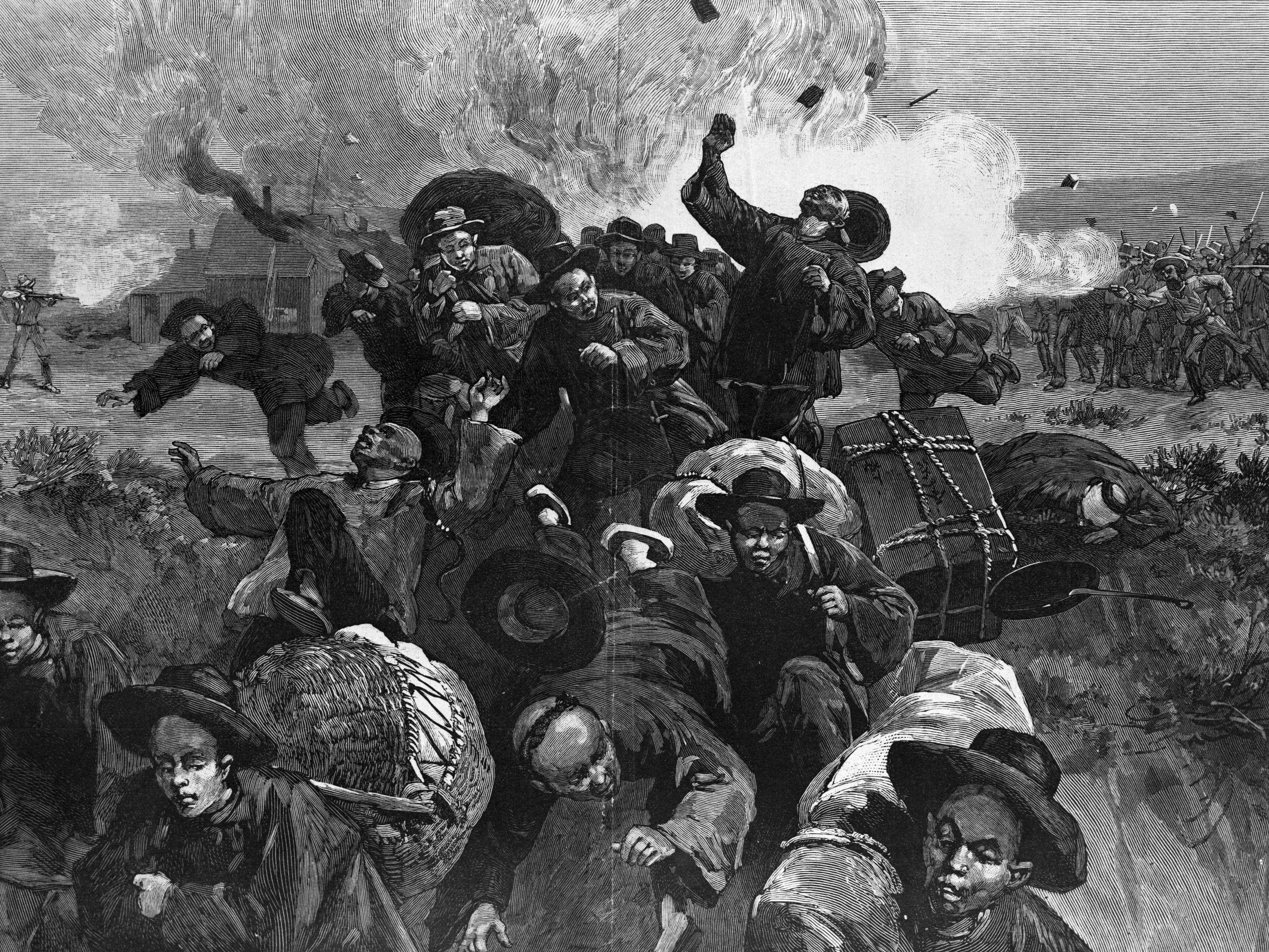 caption: The Massacre of Chinese Americans at Rock Springs, Wyoming. Illustration by Thure de Thulstrup. Published in Harper's Weekly, September 26, 1885.