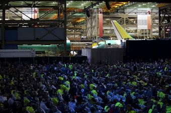 caption: Thousands gathered for the celebration of the last 747 at Boeing’s Everett factory on Tuesday, Jan. 31, 2023, in Everett. 