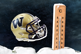 caption: Collage image showcasing various items (UW Husky football helmet, thermometer) related to KUOW's news quiz for the week of Canva.