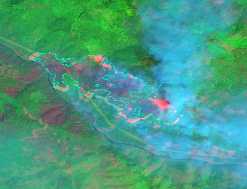 caption:  Scientists are using satellites to help map wildfire perimeters and hotspots, like with this image of the Jack Fire in Oregon.
