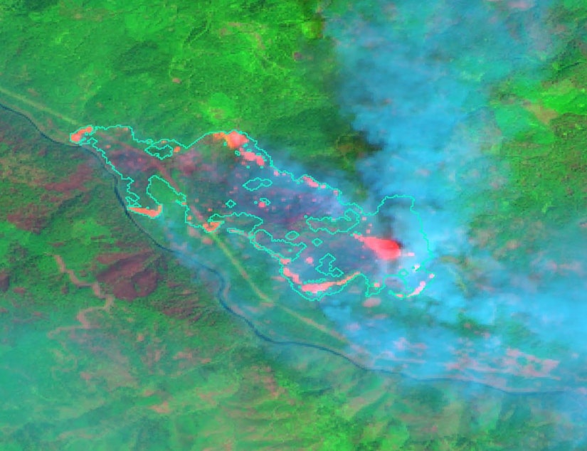 caption: Scientists are using satellites to help map wildfire perimeters and hotspots, like with this image of the Jack Fire in Oregon.