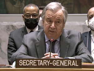 caption: In this image taken from UNTV video, United Nation Secretary-General Antonio Guterres addresses an emergency meeting of the U.N. Security Council on Ukraine to deplore Russia's actions toward the country and plead for diplomacy, Wednesday, Feb. 23, 2022, at U.N. headquarters.