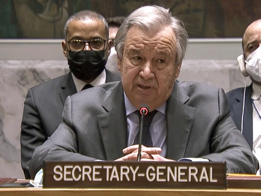 caption: In this image taken from UNTV video, United Nation Secretary-General Antonio Guterres addresses an emergency meeting of the U.N. Security Council on Ukraine to deplore Russia's actions toward the country and plead for diplomacy, Wednesday, Feb. 23, 2022, at U.N. headquarters.