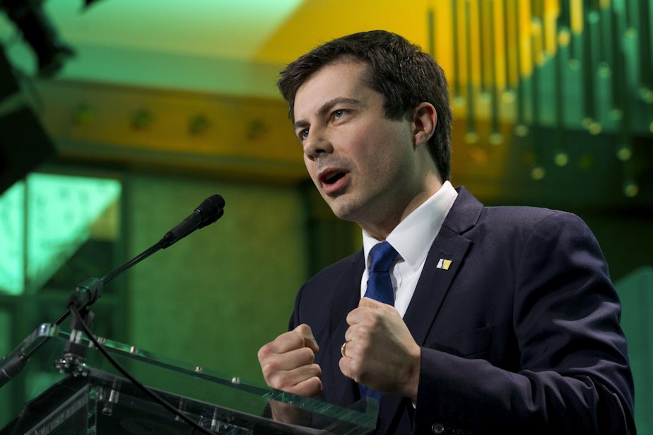 caption: South Bend, Ind., Mayor Pete Buttigieg speaks during the U.S. Conference of Mayors winter meeting in Washington, Thursday, Jan. 24, 2019. (Jose Luis Magana/AP)