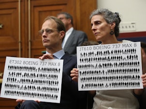 caption: Michael Stumo and his wife Nadia Milleron, whose daughter was killed in the Ethiopian Airlines Flight crash, attend a House committee hearing June 19. They and other victims' families have been a driving force in the campaign to keep the Boeing 737 Max grounded.
