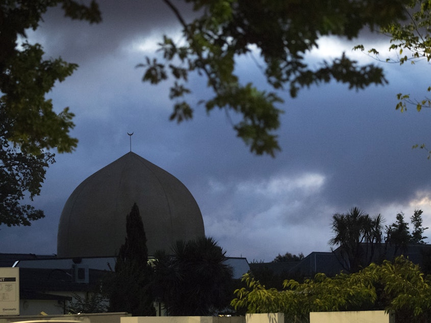 caption: Al Noor mosque is shaded by clouds in Christchurch, New Zealand, on Tuesday.