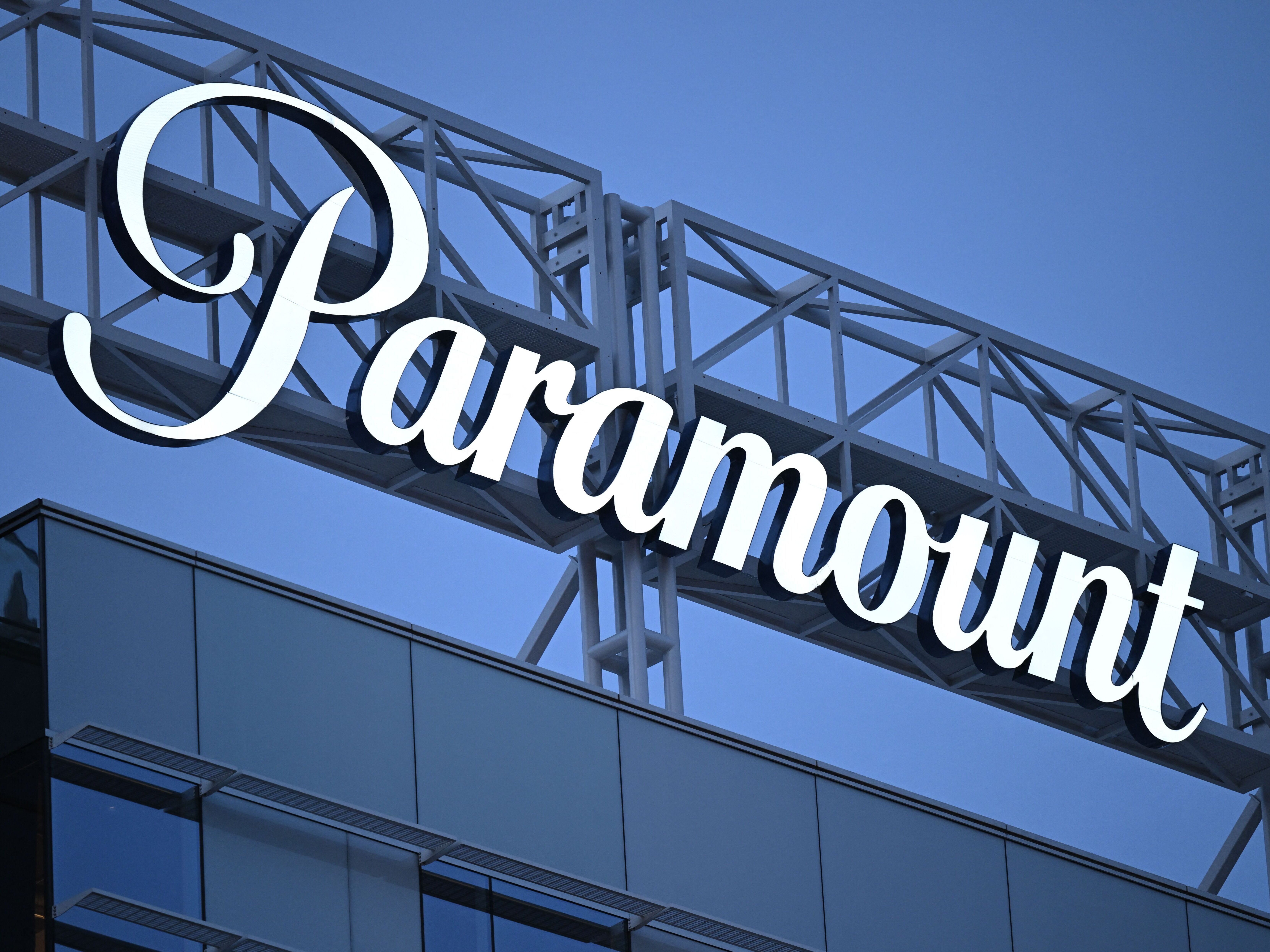 caption:  The Paramount logo is displayed at Columbia Square along Sunset Boulevard in Hollywood, Calif. on March 9, 2023.