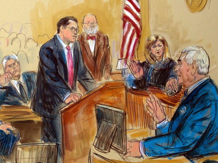 caption: Roger Stone spoke from the witness stand as prosecution attorney Jonathan Kravis, standing left, Stone's attorney Bruce Rogow, third from right, and Judge Amy Berman Jackson listened.