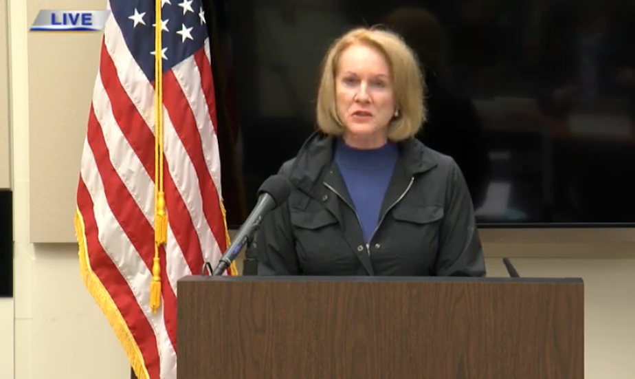 caption: Seattle Mayor Jenny Durkan briefs the press after demonstrations turned violent May 30, 2020, causing various fires in the downtown area. 