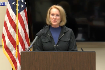 caption: Seattle Mayor Jenny Durkan briefs the press after demonstrations turned violent May 30, 2020, causing various fires in the downtown area. 