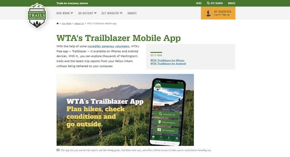 caption: A description of the Trailblazer app on the Washington Trails Association website