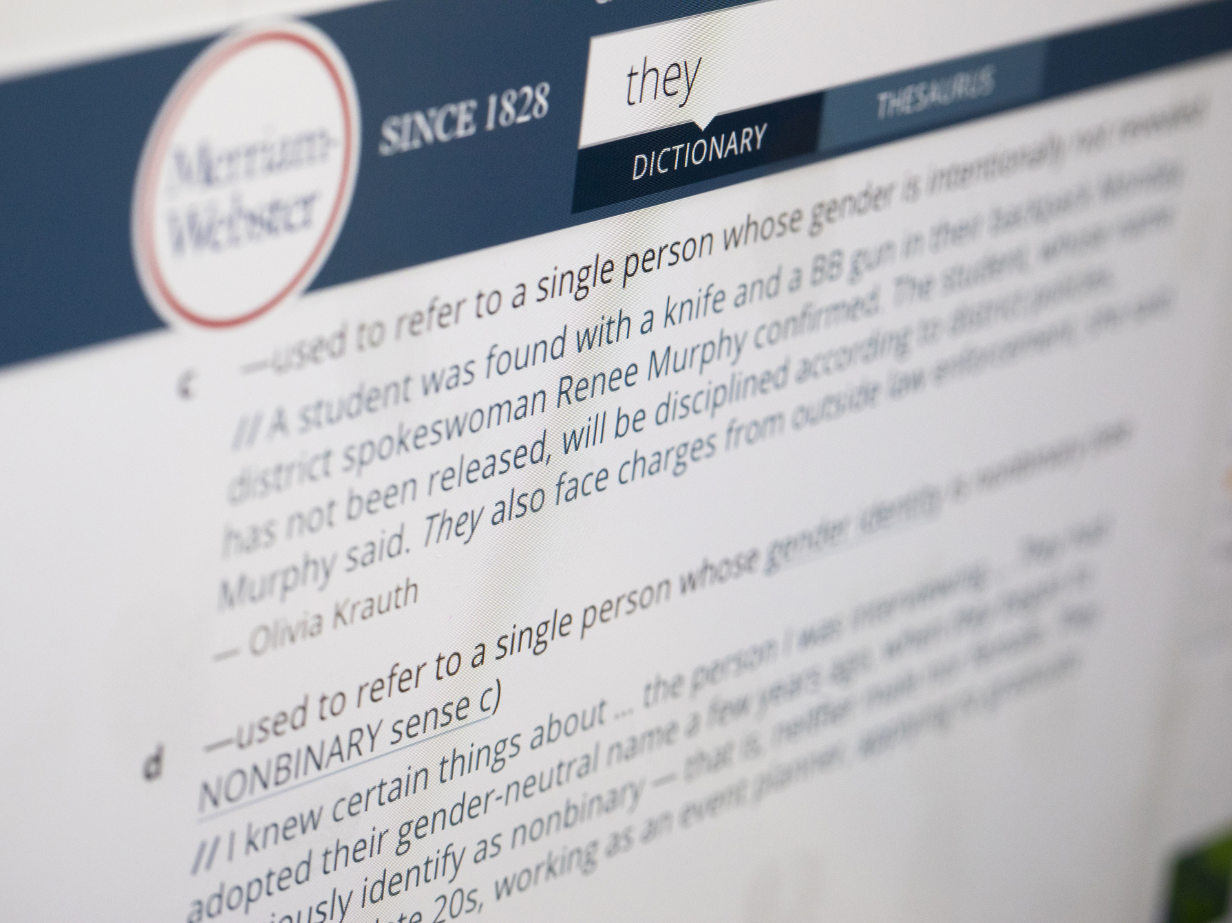 caption: A search for the word <em>they</em> on Merriam-Webster's website turns up definitions for the personal pronoun, which saw a massive spike in lookups this year over last. Several months ago the dictionary added a definition for its 2019 Word of the Year that classified it as a functioning nonbinary pronoun.