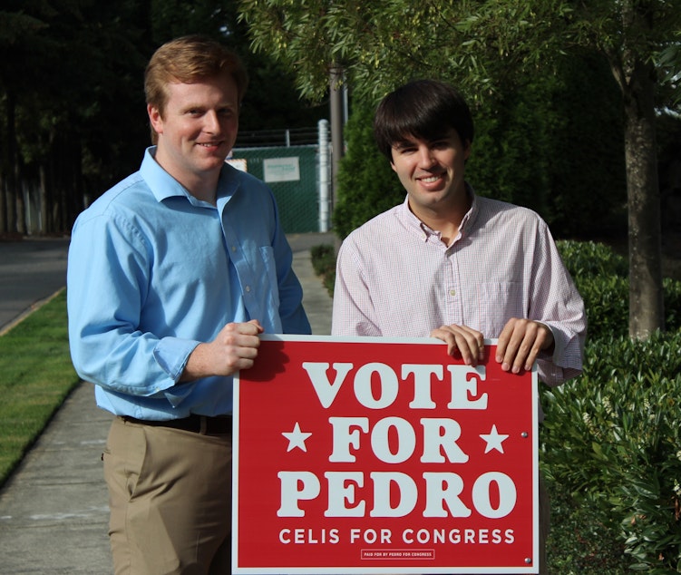 caption: From Virginia to Washington State: campaign manager Zachary Werrell and communications director Gray Delany now run Republican Pedro Celis' campaign for Congress in the 1st District 