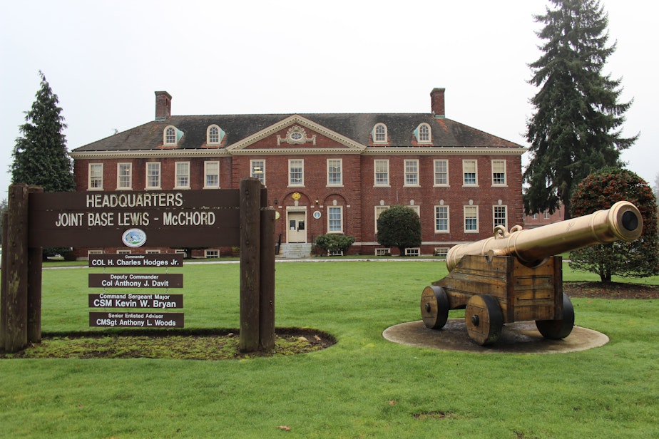 caption: File photo of Joint Base Lewis-McChord headquarters.