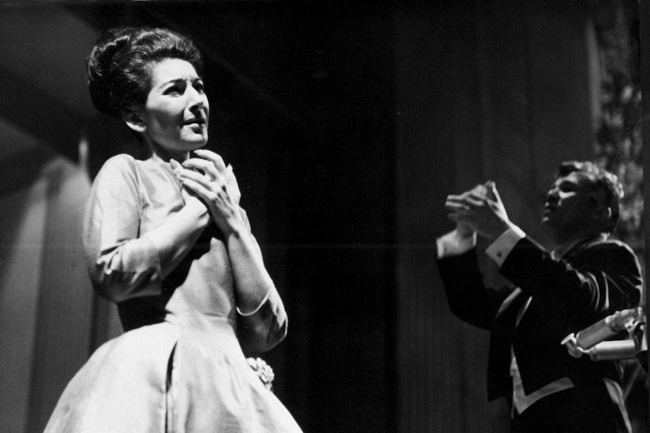 caption: Soprano Maria Callas sings at the Theater de Champs Elysees in Paris, France, under the direction of Maestro Georges Pretre, June 5, 1963. (Jean-Jacques Levy/AP)