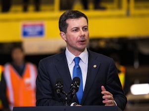 caption: Transportation Secretary Pete Buttigieg is pictured on Jan. 31 in New York City. He's calling on Congress to give the DOT more ability to act.