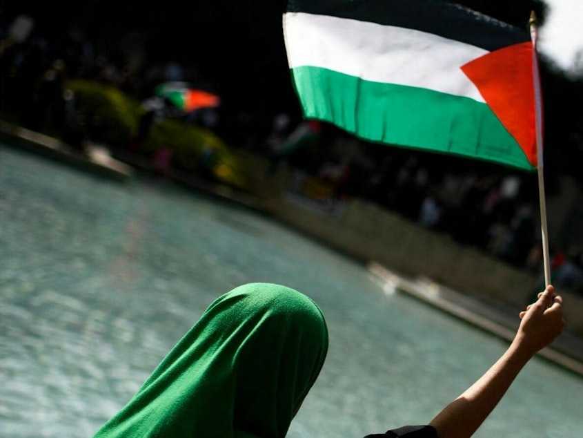 caption: A man, left, carries two Israeli flags during a pro-Israel rally outside of the Israeli Embassy on Oct. 8, 2023 in Washington, D.C., and people, right, wave flags during a rally in support of Palestinians in Houston, Texas, on Oct. 21, 2023.