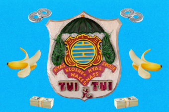 caption: Collage of the Tui Tui coat of arms, metal washers (which are used as currency in Tui Tui), partially peeled bananas, and stacks of cash (American dollars) on a light blue background. Photos courtesy of KUOW and Canva.