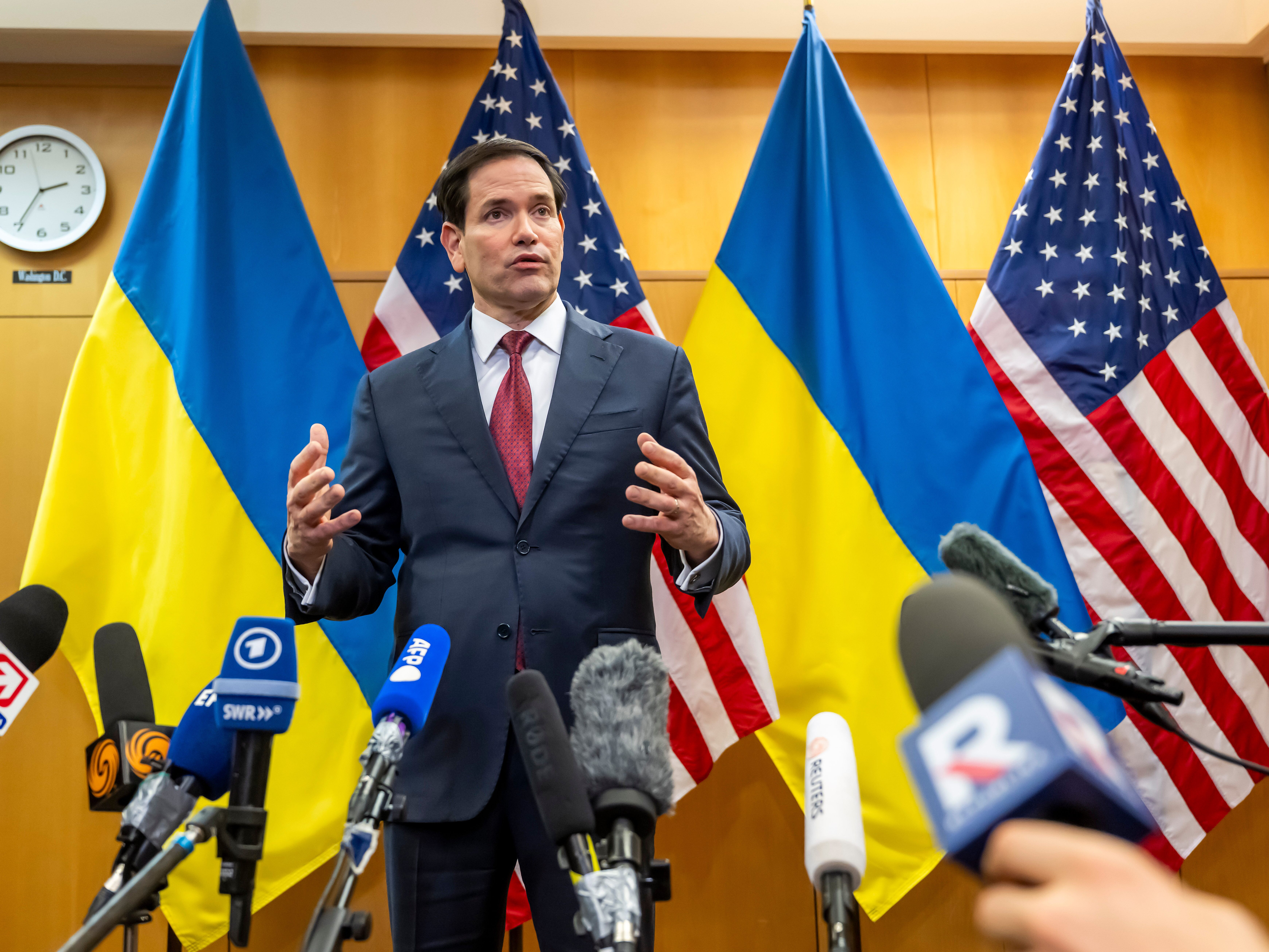 caption: U.S. Secretary of State Marco Rubio talks to the press at the U.S. Mission to International Organizations in Geneva, Switzerland, Sunday, Nov. 23, 2025.