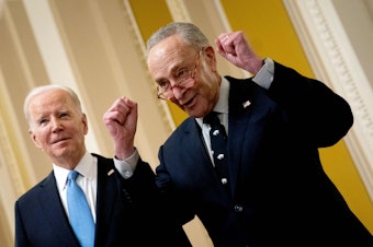caption: President Joe Biden and Senate Majority Leader Chuck Schumer speak to reporters as they depart the Senate Democrat policy luncheon at the Capitol on March 2.