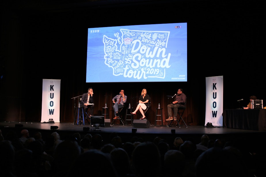 caption: Bill Radke, Zaki Barak Hamid, Brandi Kruse, and Charles Mudede at the Edmonds Center for the Arts.