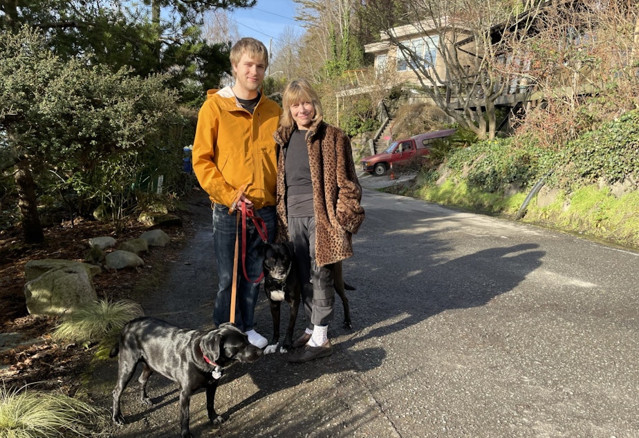 caption: Carol Silverstein and Remy Olivier on Perkins Lane in Seattle