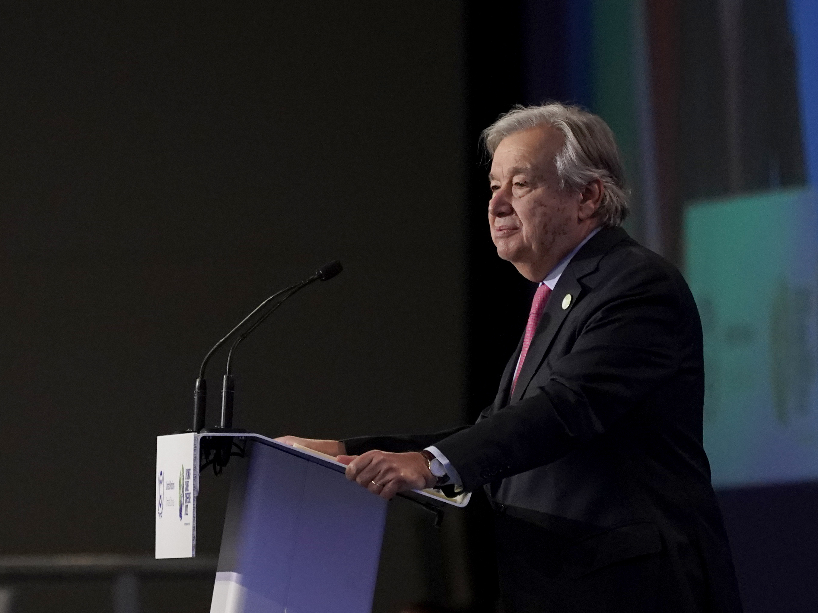 caption: U.N. Secretary-General António Guterres speaks during the opening ceremony of the COP26 U.N. Climate Summit, in Glasgow, Scotland, on Monday.