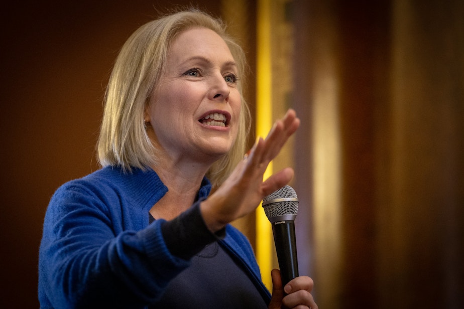 caption: U.S. Senator Kirsten Gillibrand speaks to Women March attendees in the rotunda of the Iowa State Capitol in 2019.