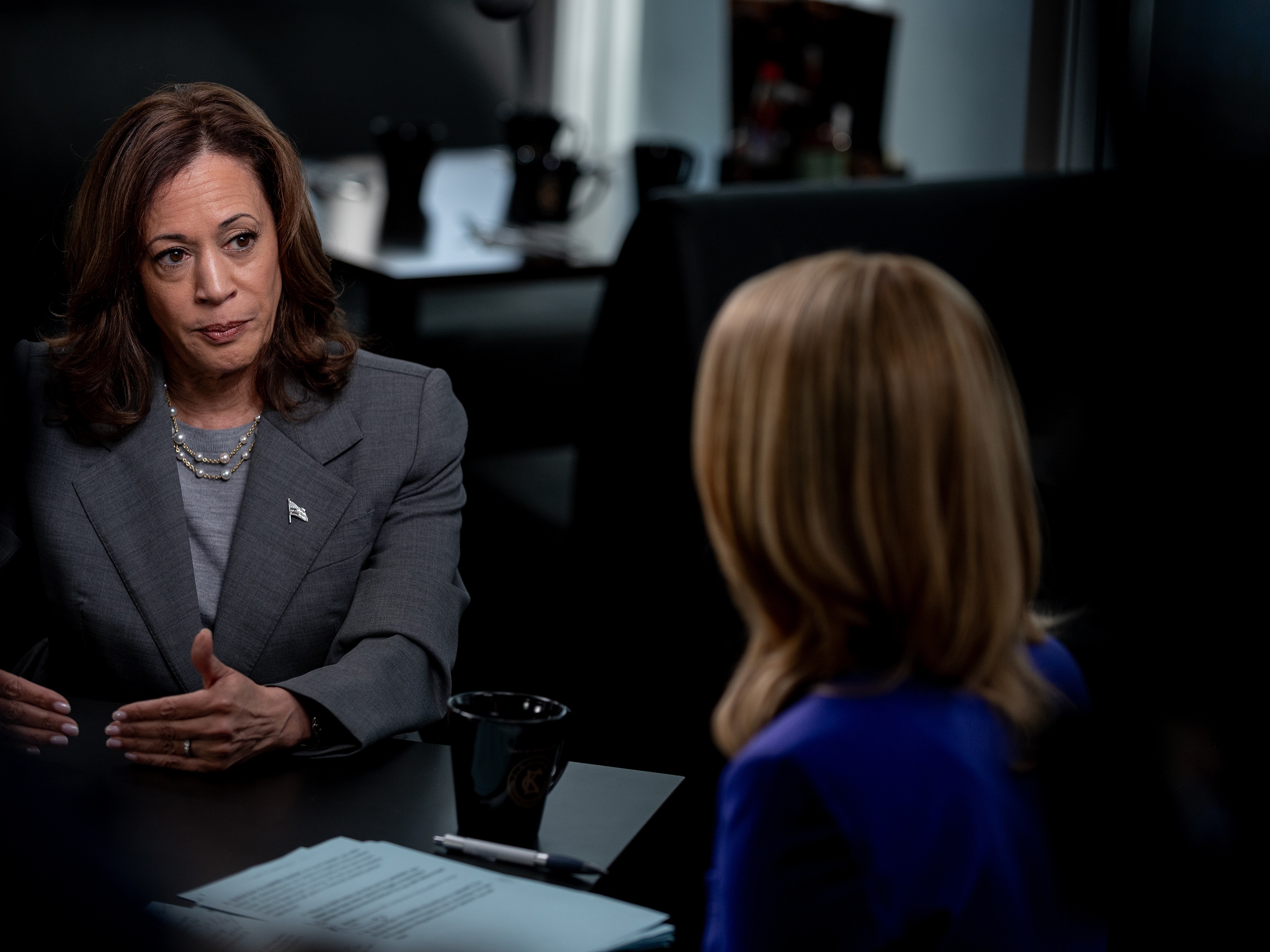 caption: Vice President Harris is pictured during an interview with CNN's Dana Bash in Savannah, Ga., on Thursday — her first in-depth, on-the-record conversation with a journalist since becoming the Democratic presidential nominee.